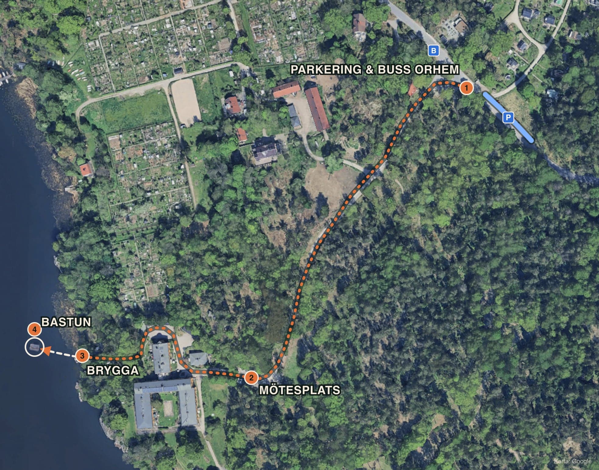 Flygbild med vägen från parkering och busshållplats Orhem (1) ner till mötesplatsen (2), vidare runt huset till bryggan (3) och bastun ute på Drevviken (4)